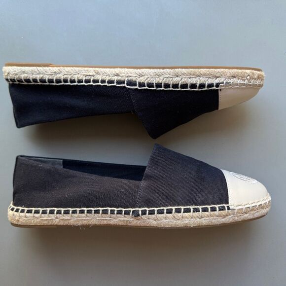 Tory Burch Canvas Black Ivory Color Block Flat Espadrille Size 10.5 Cap Toe - Picture 7 of 14